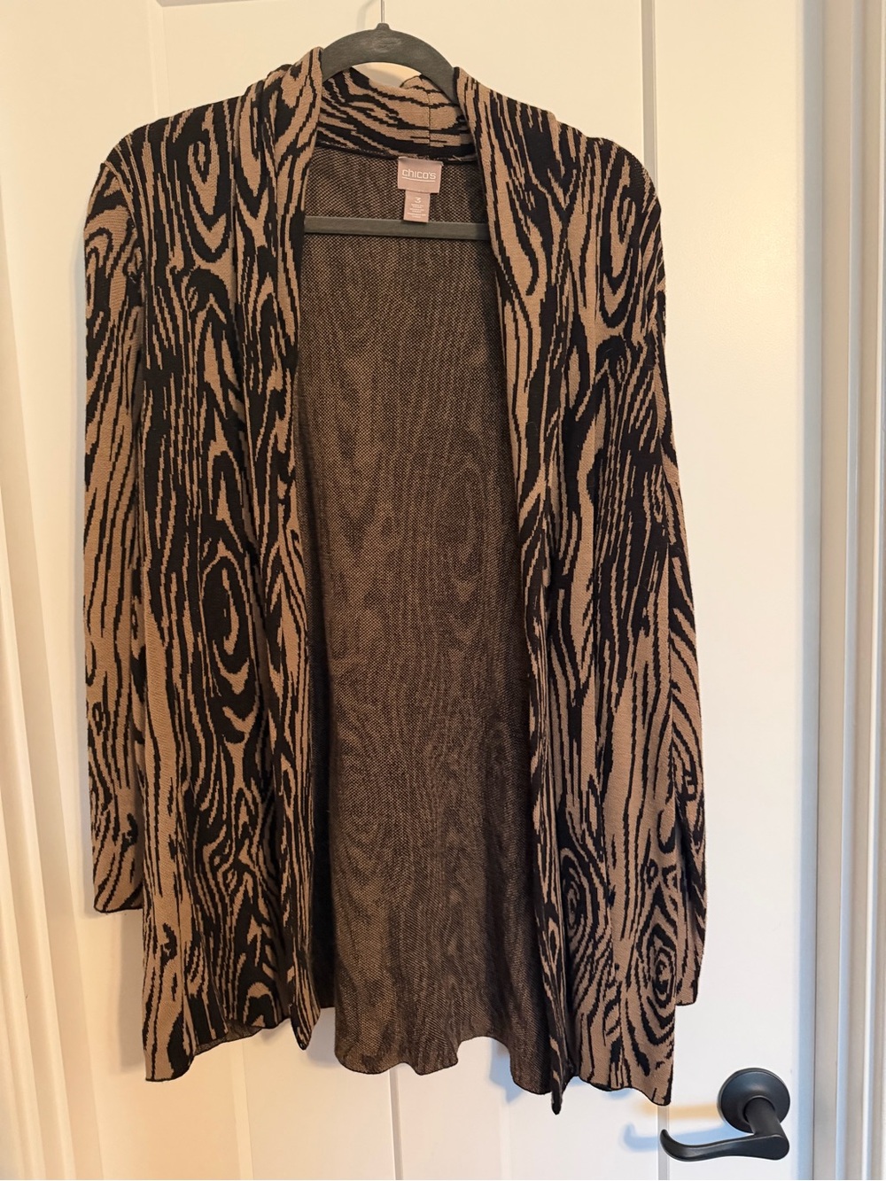 Chico's Size 3 (XL) Black and Brown Open-Front Printed Cardigan